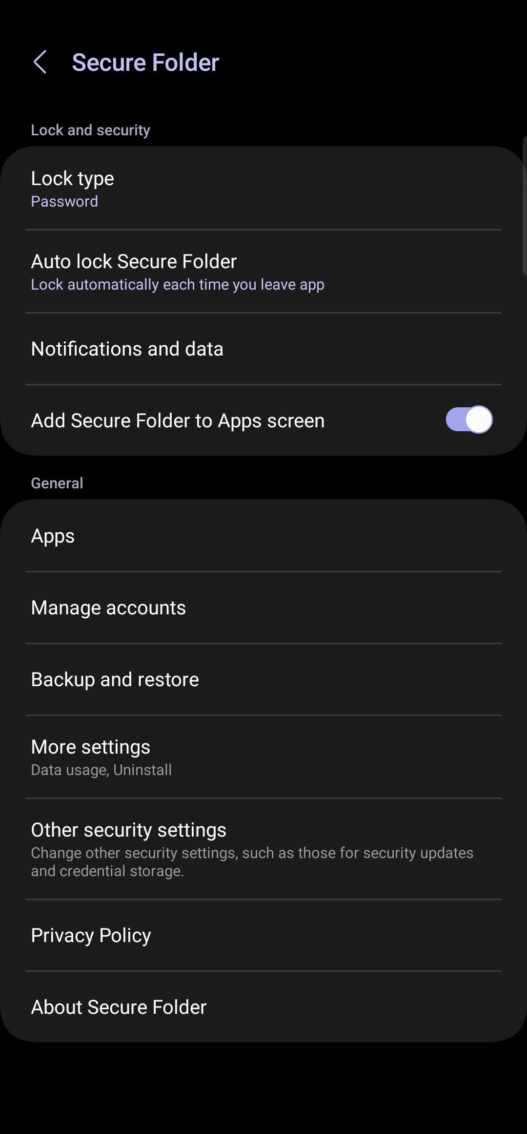 Samsung Secure Folder settings