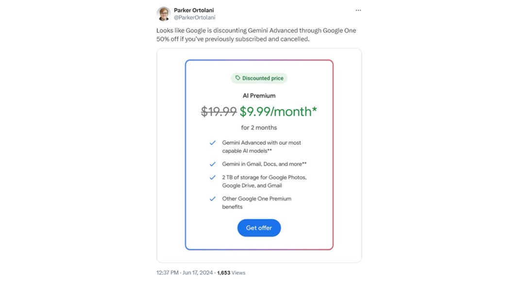 Twitter X Post Google One AI Premium Plan Discount