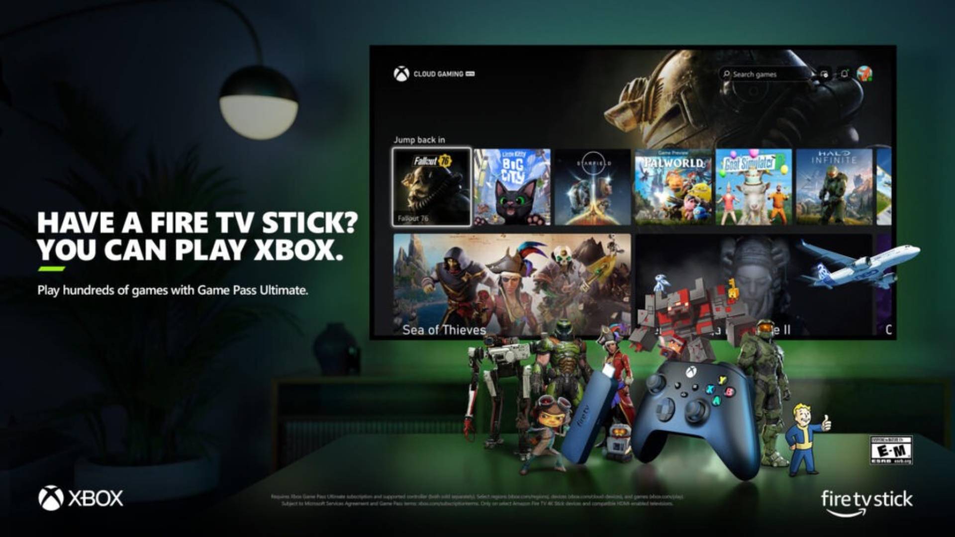Plakat informujący o dostępności aplikacji Xbox na urządzeniach Fire TV Stick.