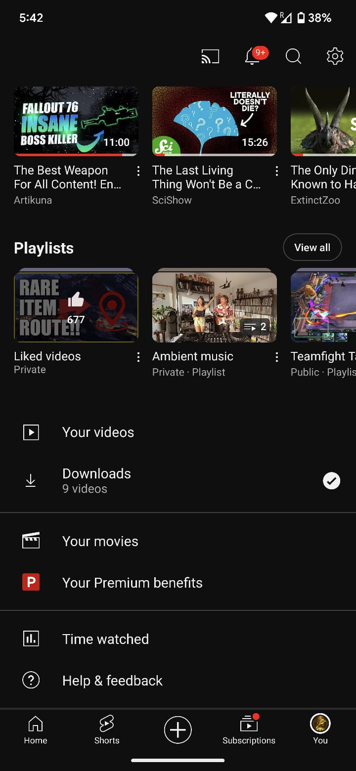 Screenshot of the YouTube app showing the Your Premium benefits option on the Profile page.