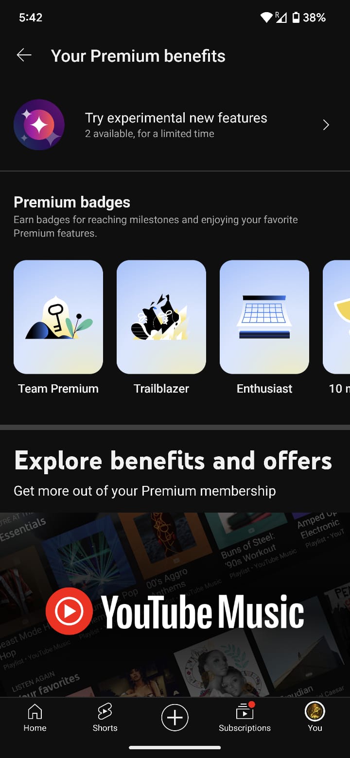 Screenshot of the YouTube app showing the Your Premium benefits page.