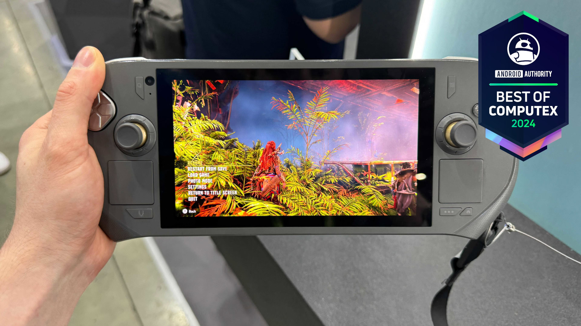 The ZOTAC Zone gaming handheld on the show floor at Computex.