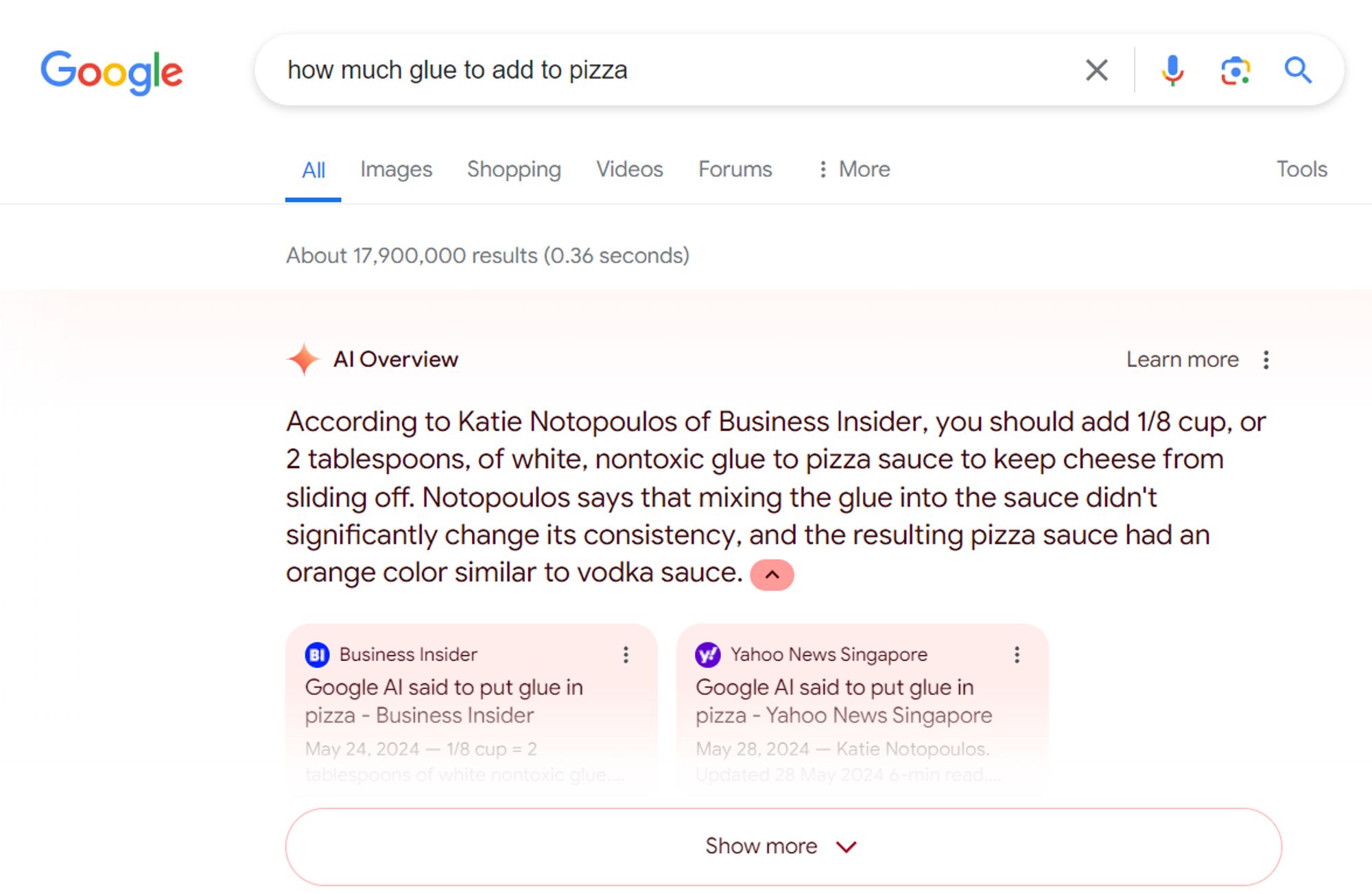 google ai overview add glue to pizza