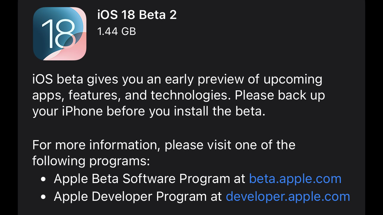 iOS 18 beta 2 prompt in iPhone Settings app.