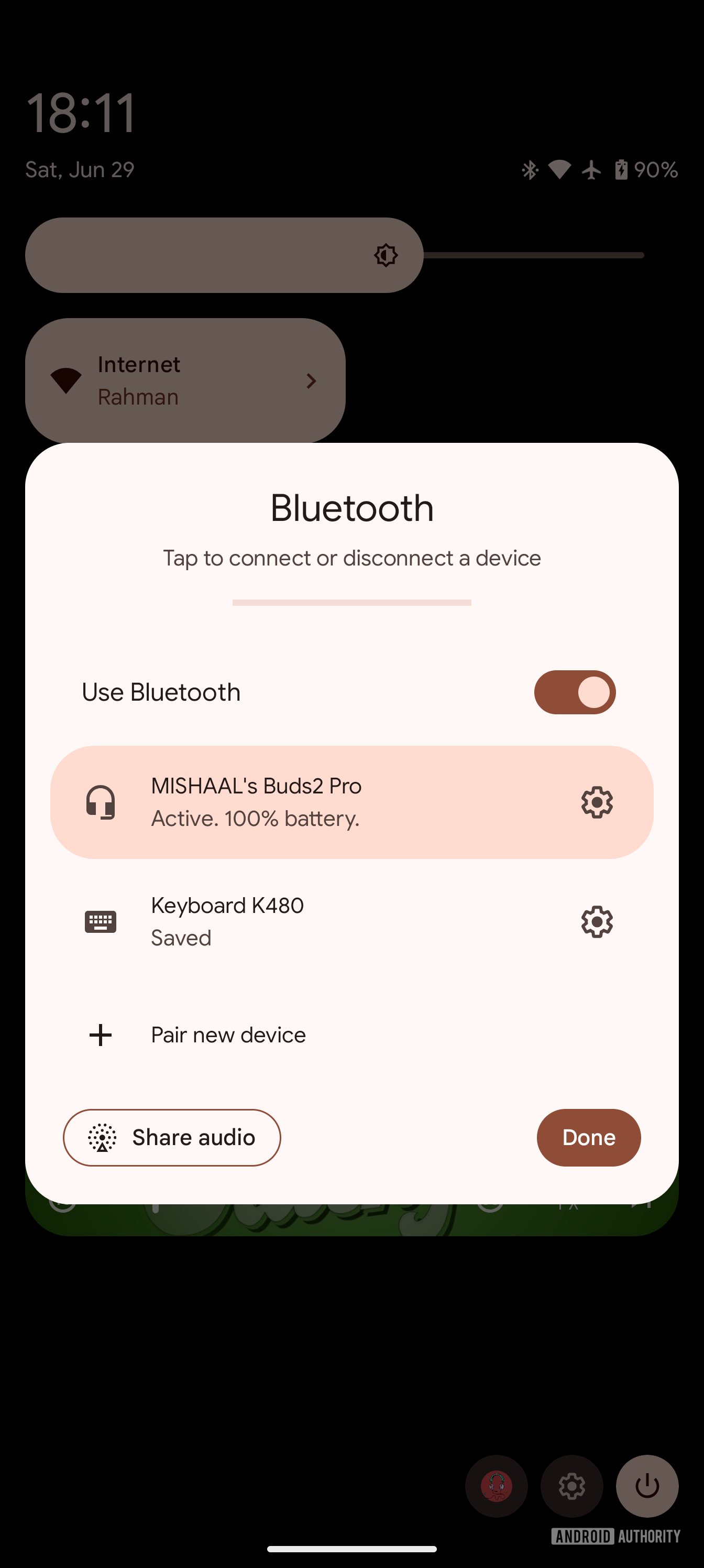 Android 15 share audio button in Bluetooth QS tile dialog