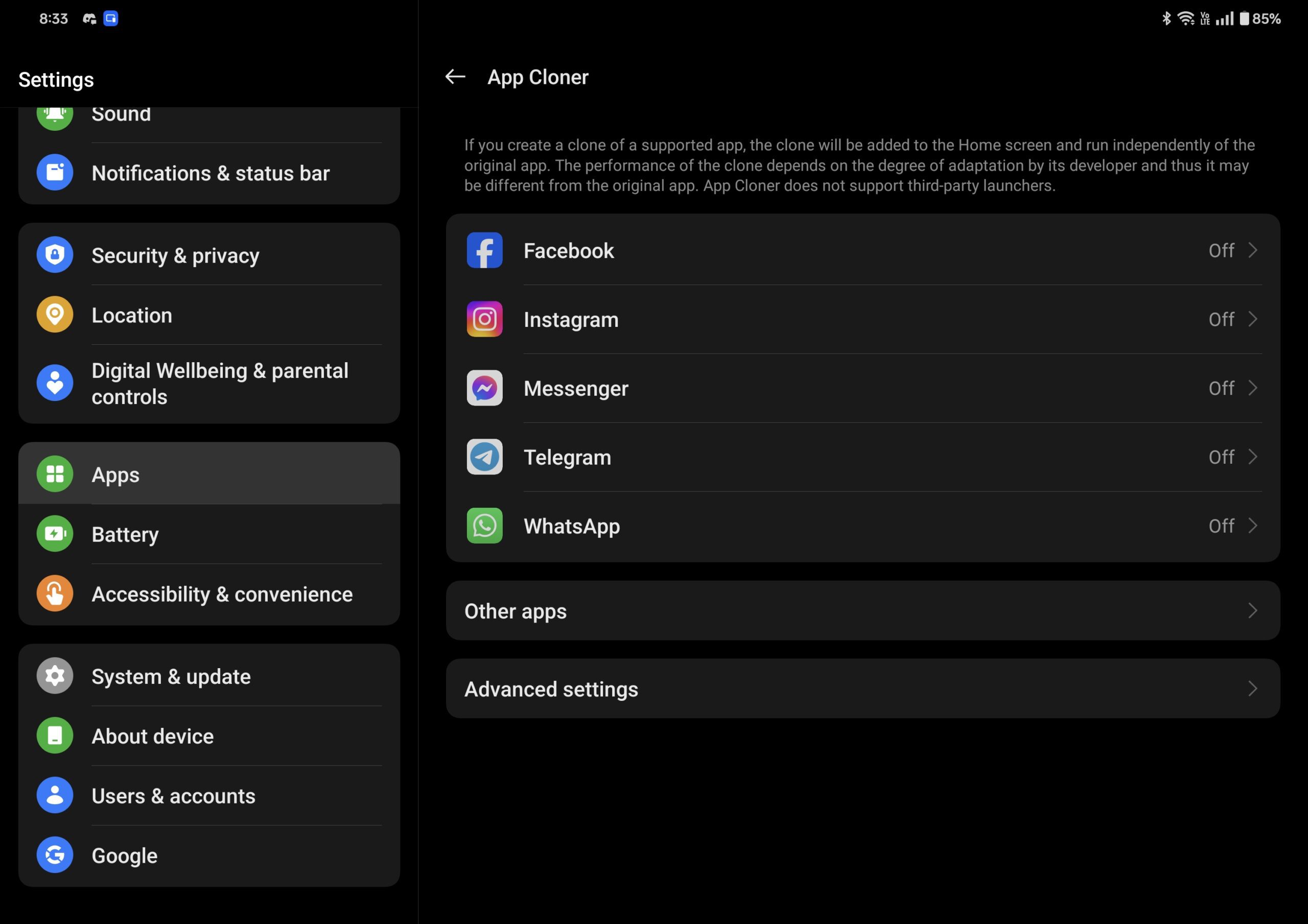 App Cloner settings in Oxygen OS 14.1