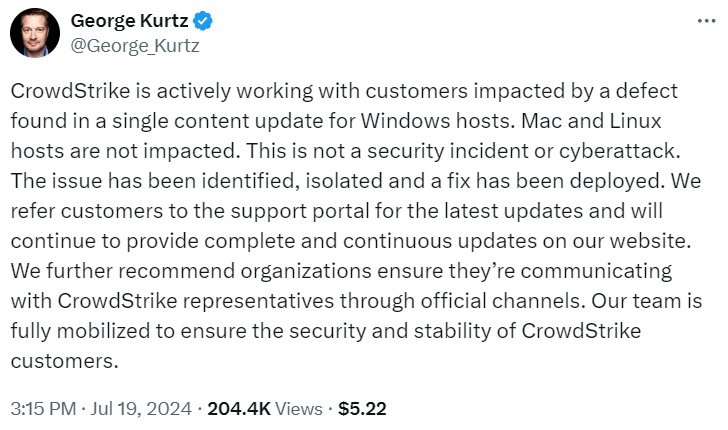 CrowdStrike CEO and President statement