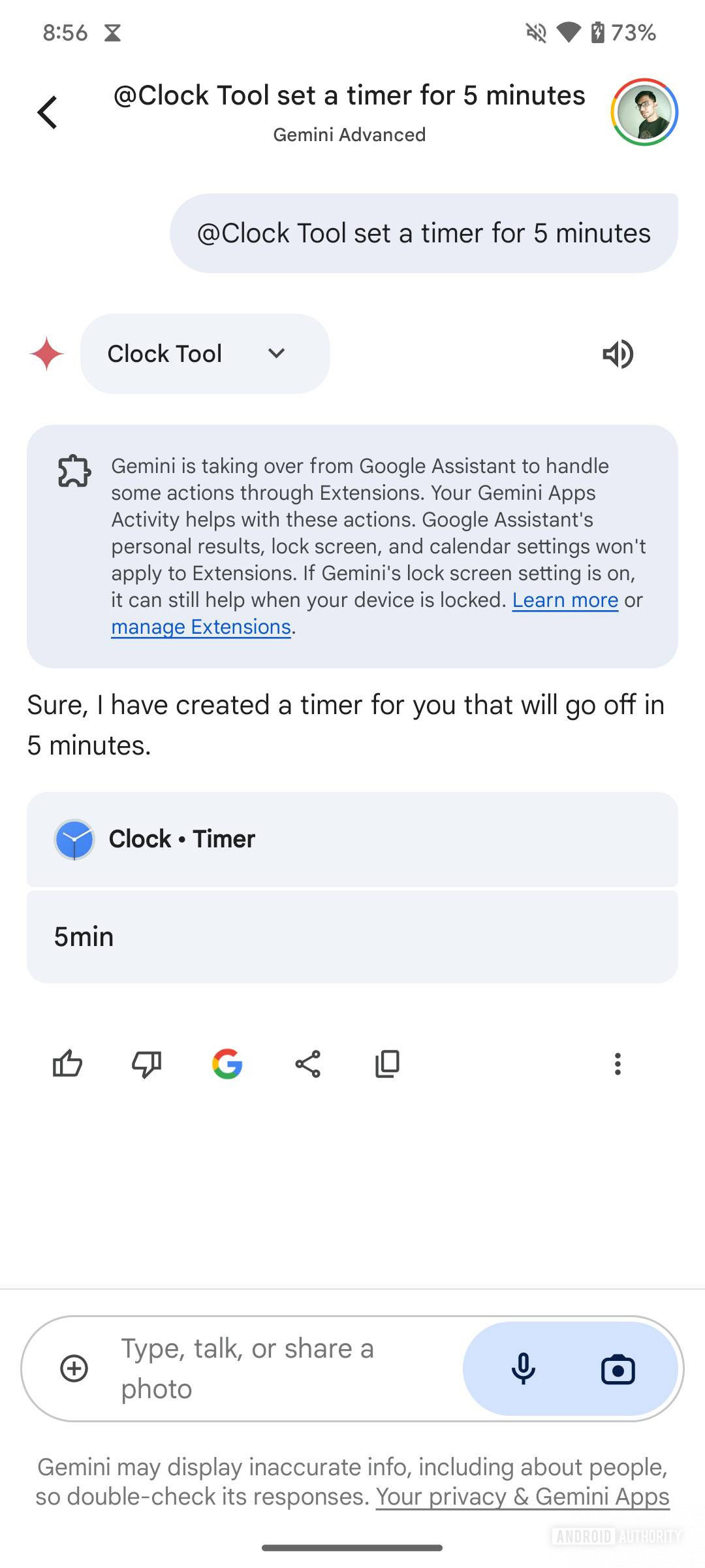 Screnshot showing Gemini using the upcoming Clock tool extension to set a timer.