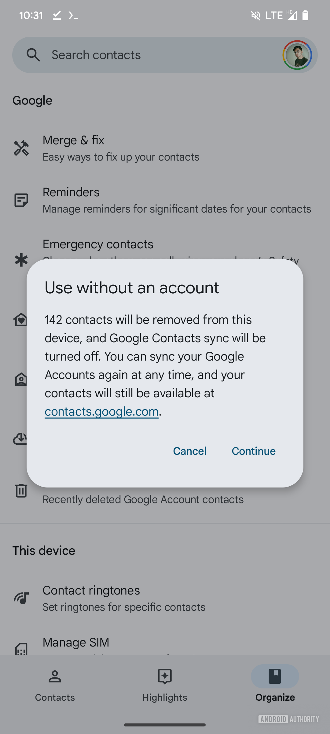 Screenshot of the Google Contacts app showing the Use without an option pop-up.