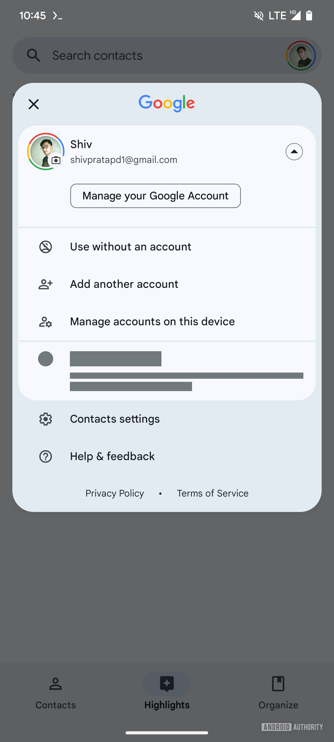 Screenshot of the Google Contacts app showing a new USe without an account option.