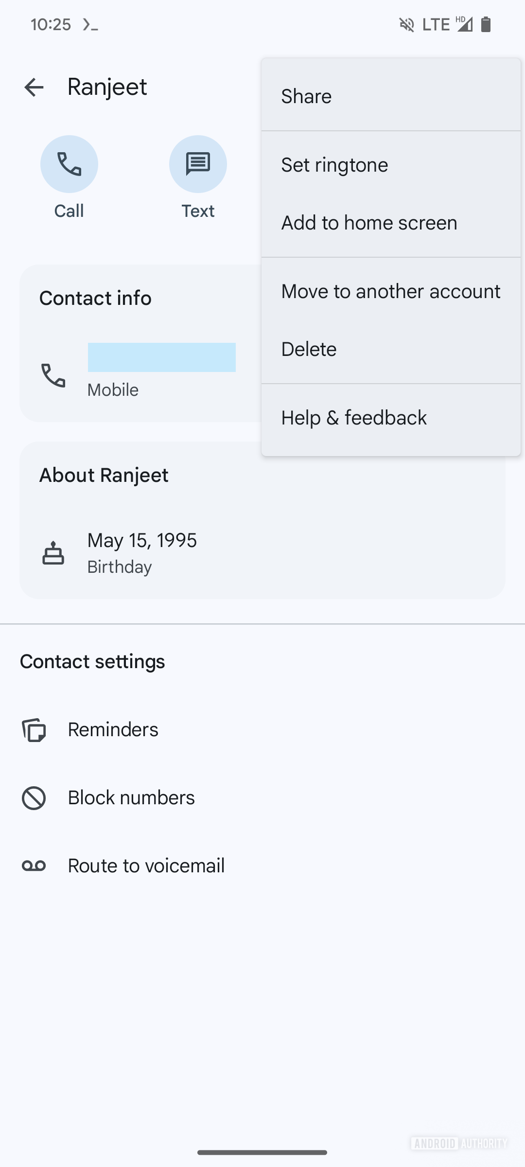 Screenshot of the Google Contacts app showing the three-dot menu options on the contact details page.