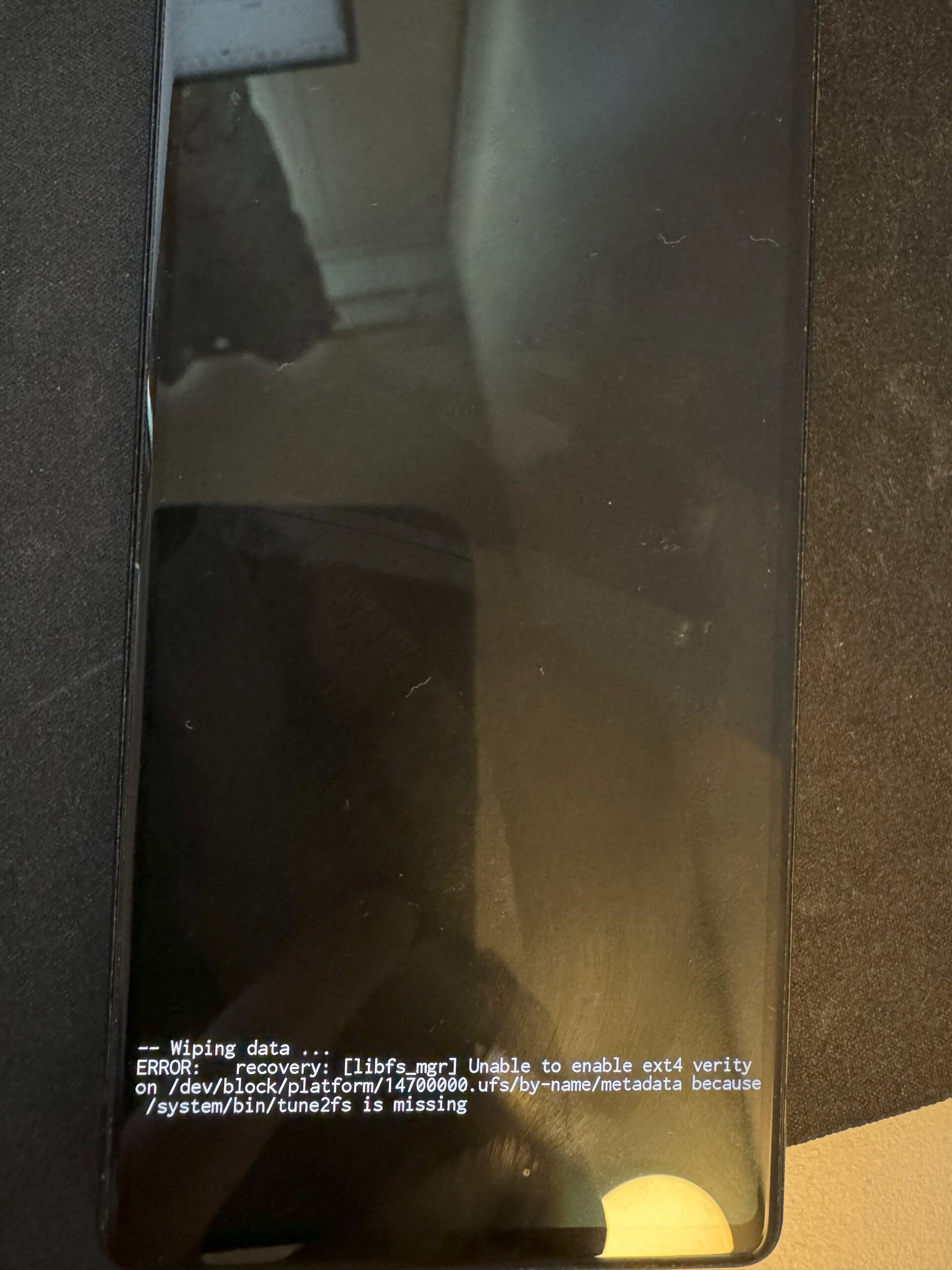 Image showing a bricked Google Pixel 6 with an error message on screen.