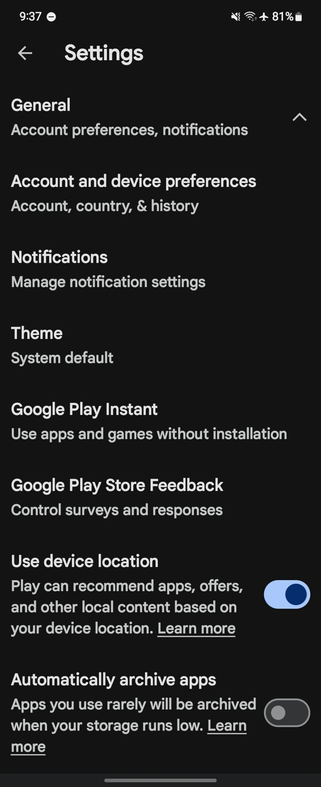 Google Play Store settings