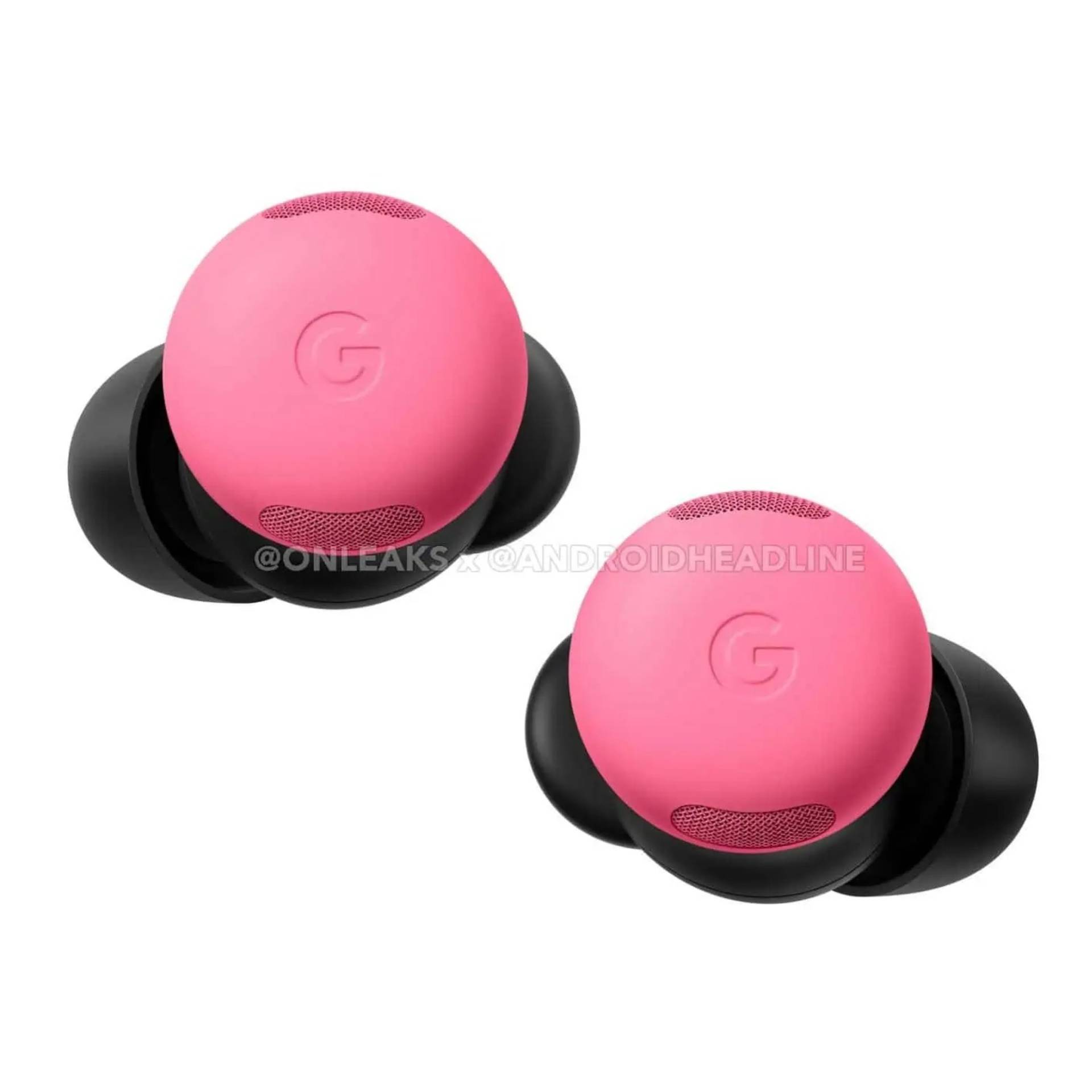 Leaked render of the pink Pixel Buds Pro 2 earbuds on white background.