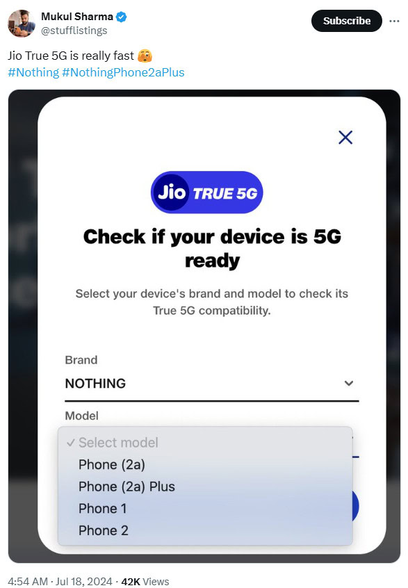 Sekilas pandang Nothing Phone (2a) Plus dalam dialog perkhidmatan Jio True 5G, memberi petunjuk tentang ketibaan tidak lama lagi.