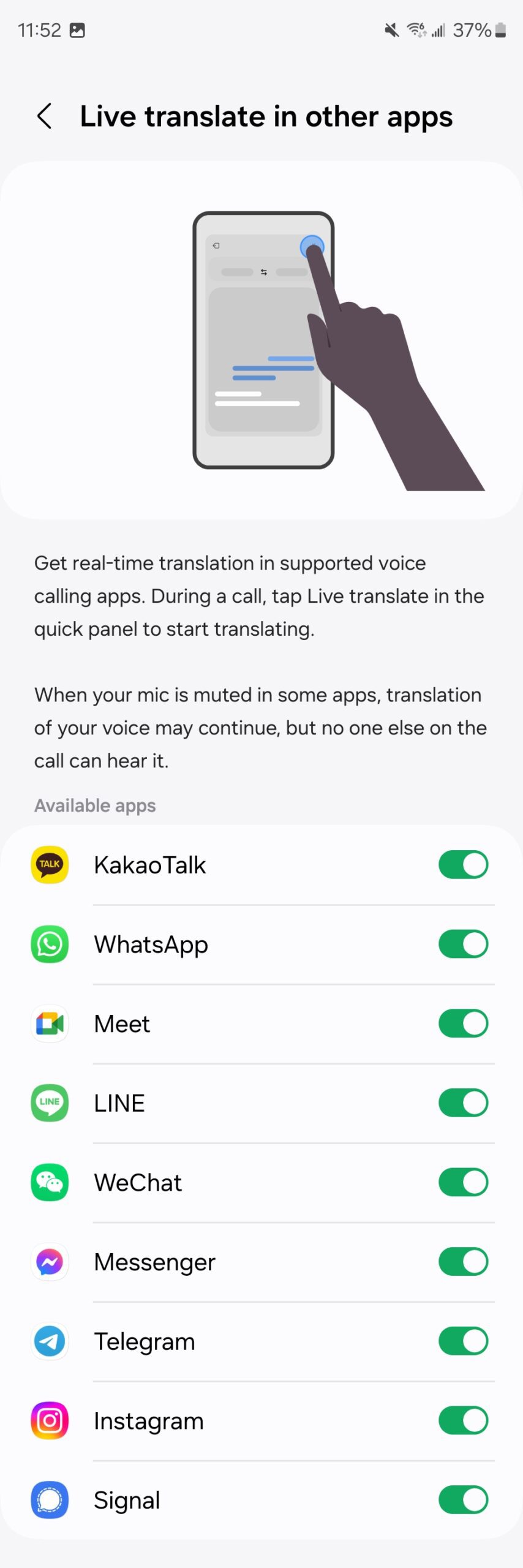 Функция Live Translate от Samsung расширяет поддержку этих приложений для обмена сообщениями.