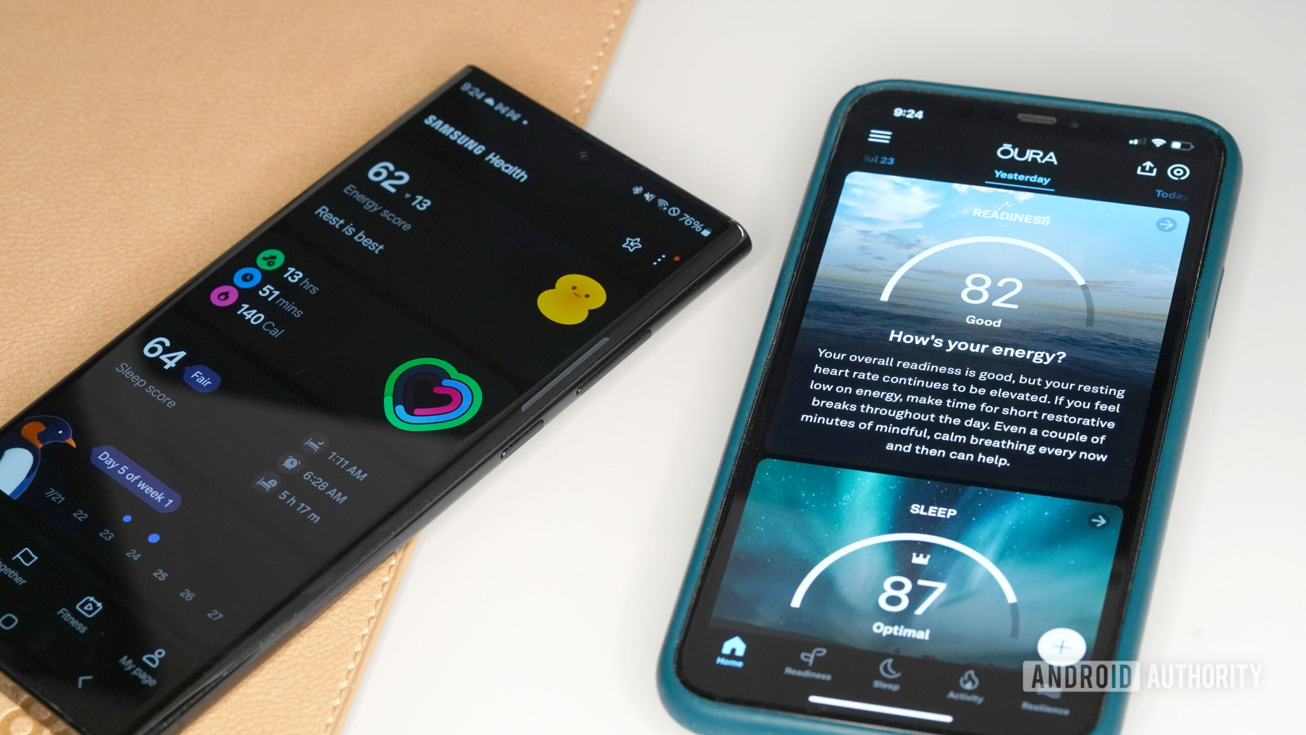 Two smartphones display the Samsung Health and Oura apps.