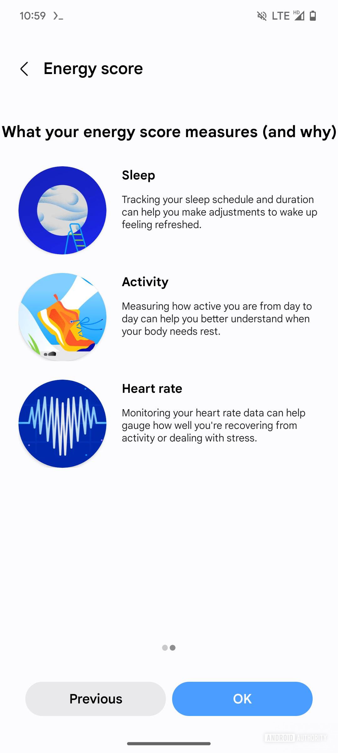 Screenshot of the Samsung Health app showing the Energy Score setup wizard.