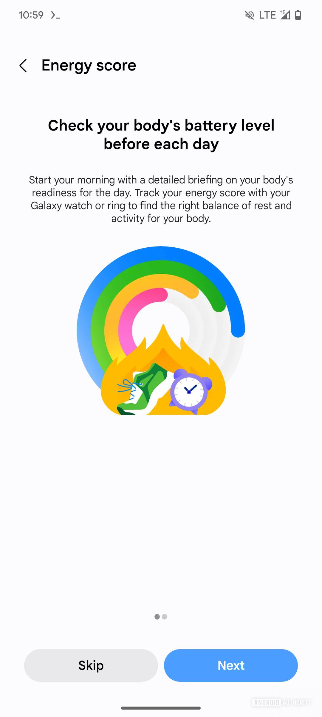 Screenshot of the Samsung Health app showing the Energy Score setup wizard.