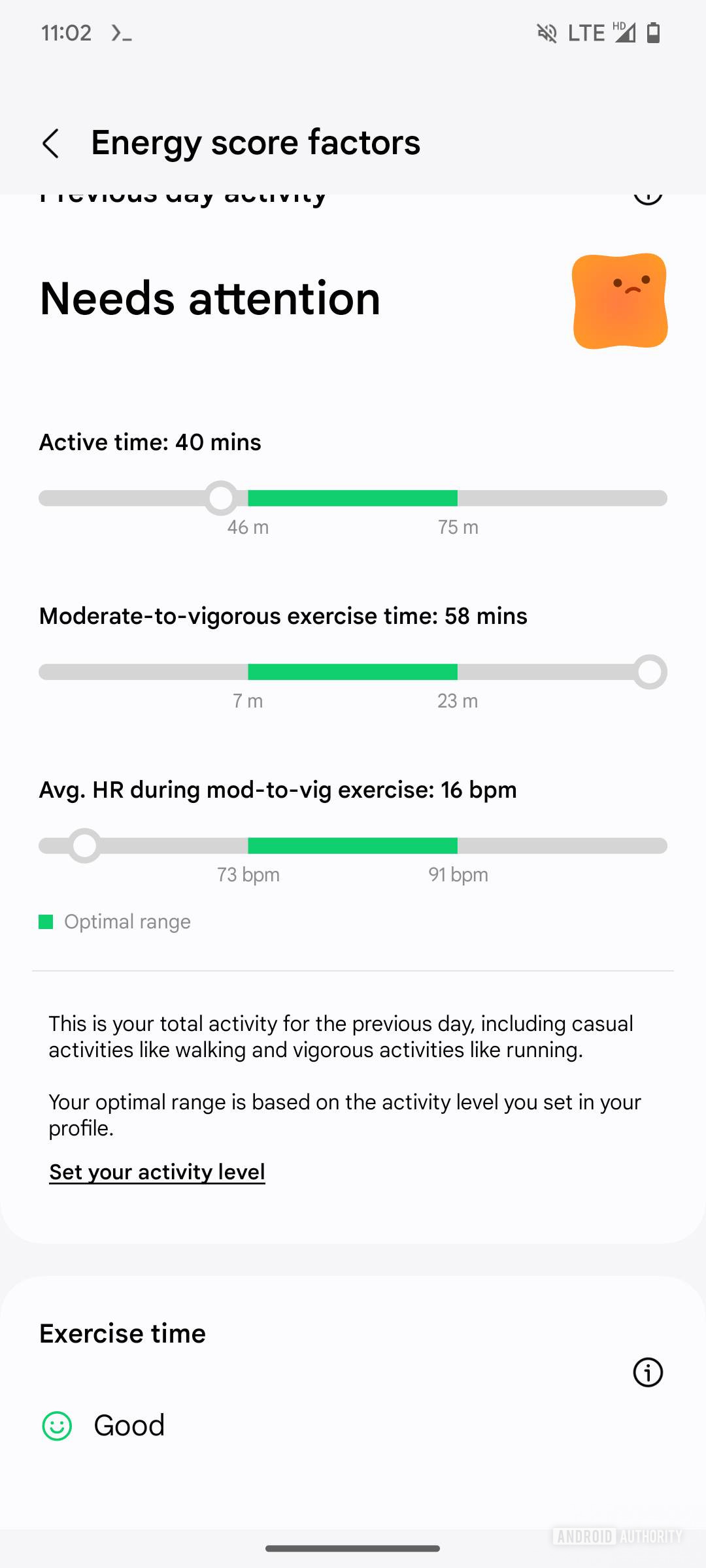 Screenshot of the Samsung Health app showing the Energy score factors screen.