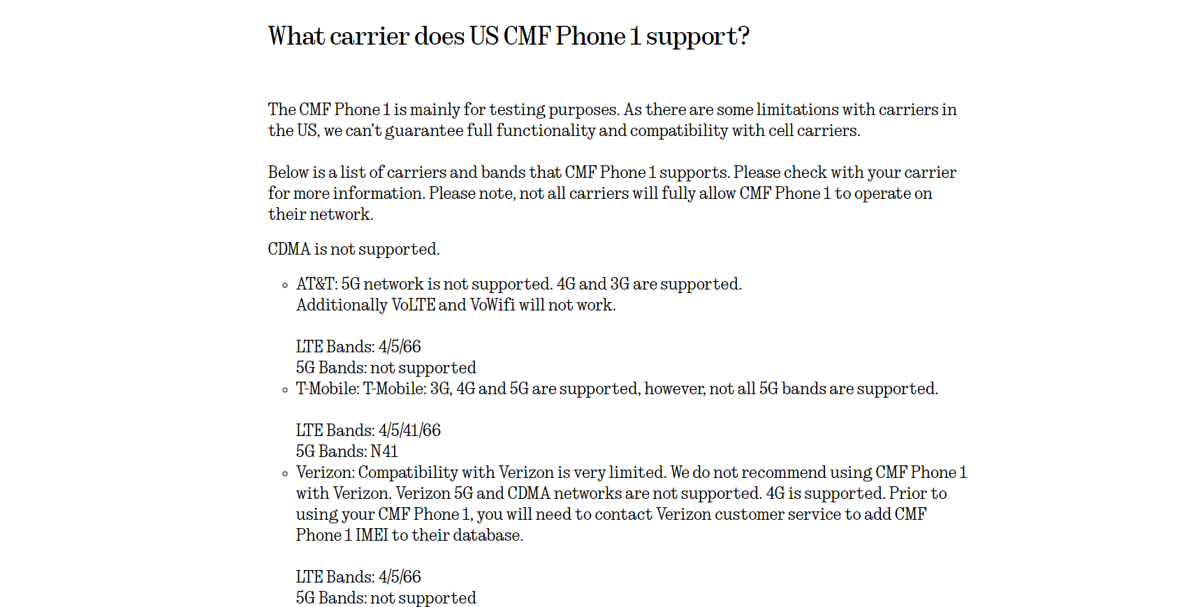CMF Phone 1 network compatibility with US carriers