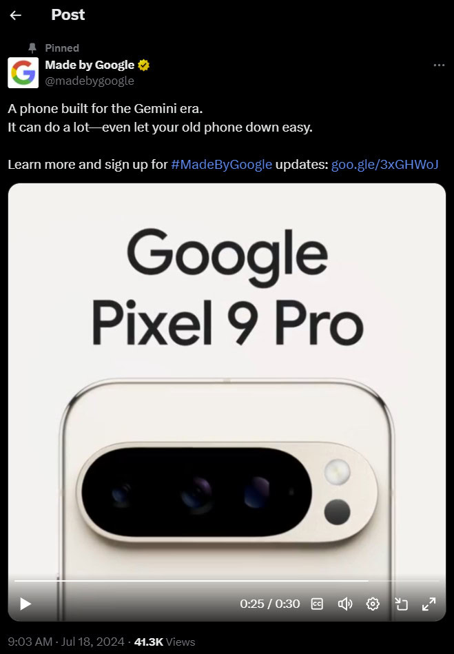 Pixel 9 Pro teaser video tweet screenshot