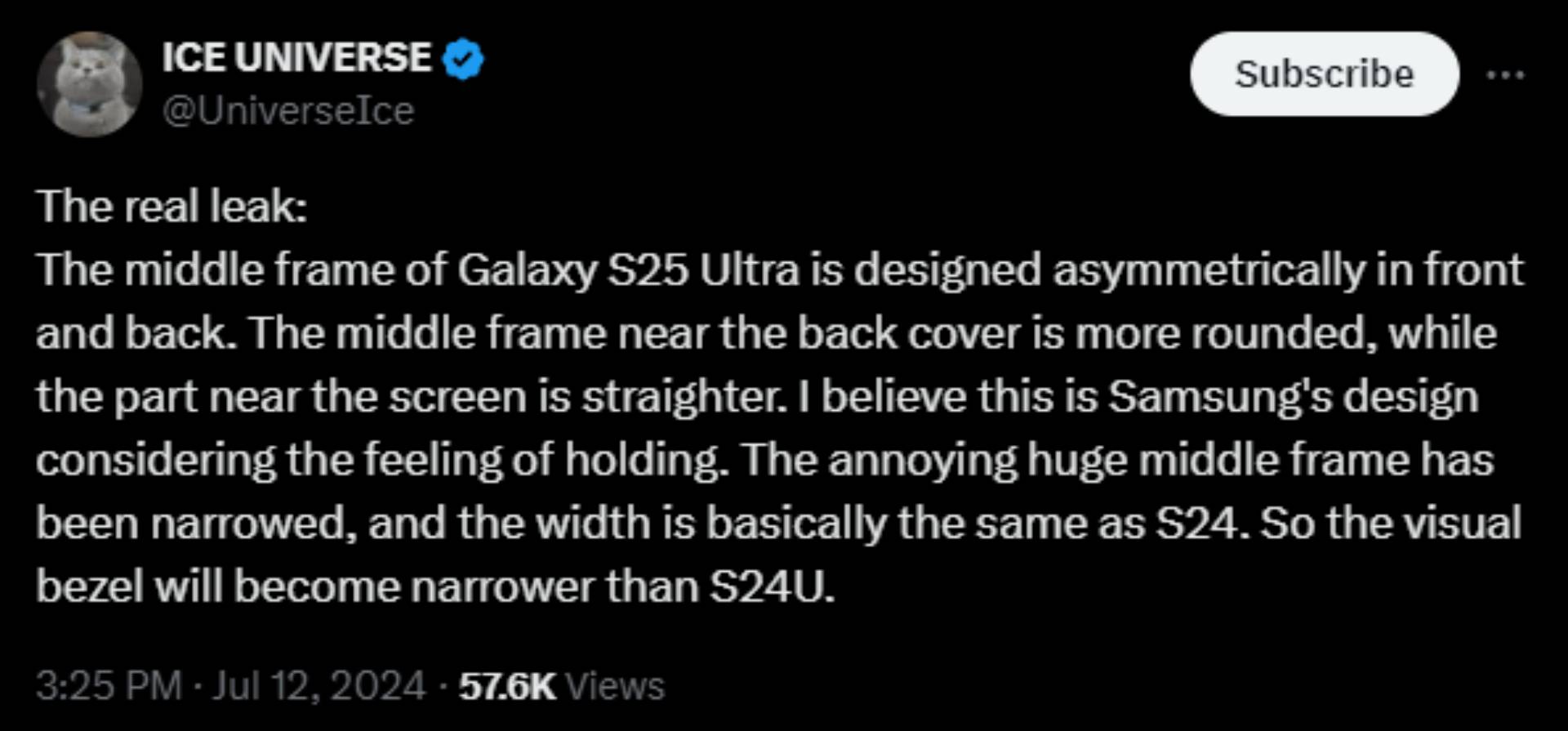 Screenshot of Ice Universe's X post about Galaxy S25 Ultra's frame design.