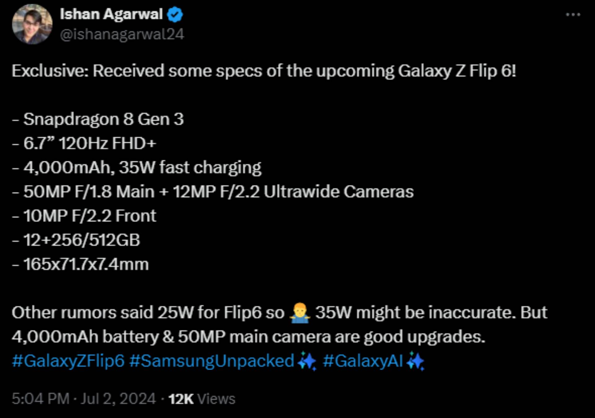 Screenshot of Ishan Agarwal's X post highlighting Galaxy Z Flip 6 specifications.