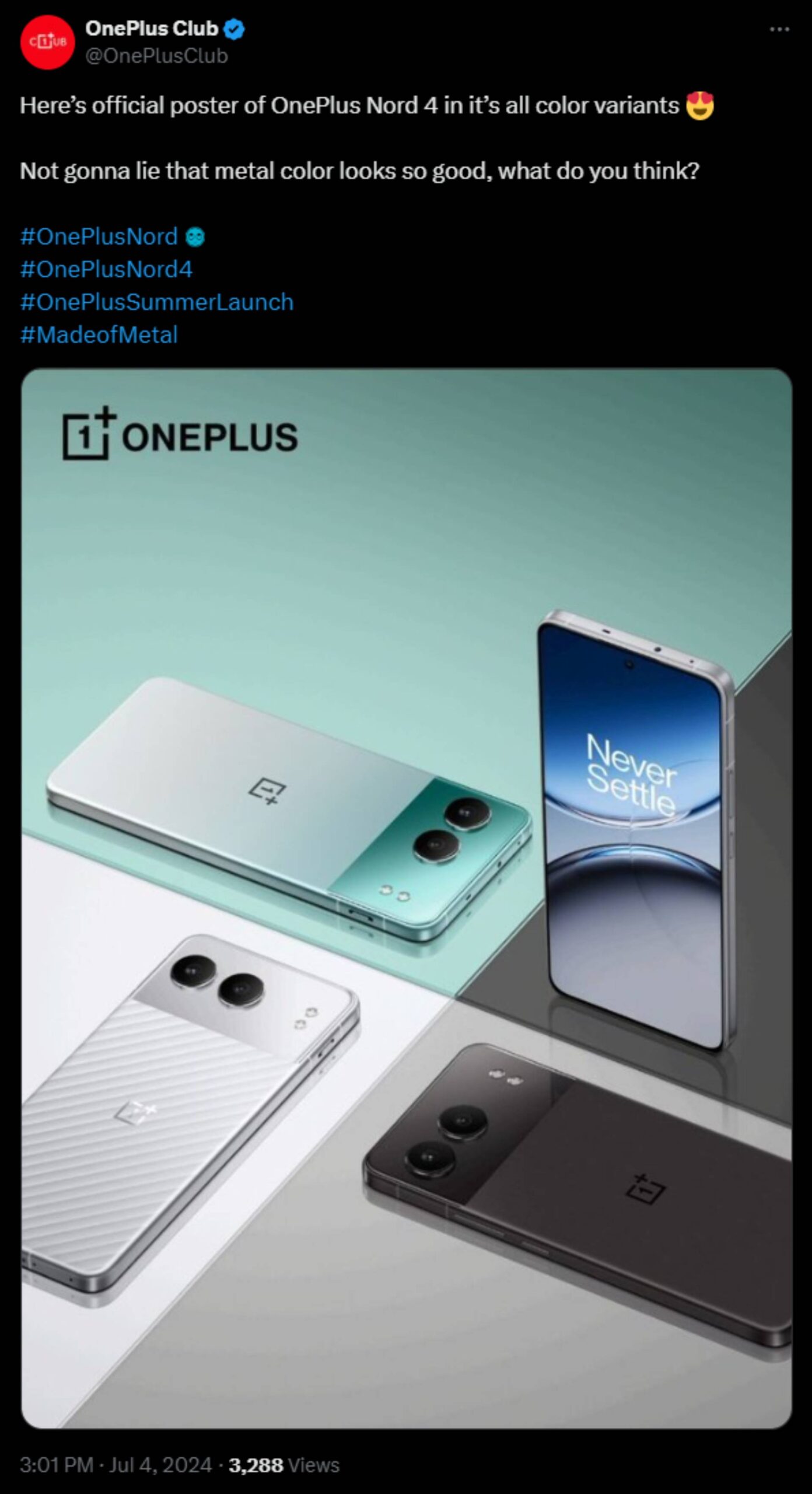 OnePlus Nord 4を紹介するOnePlus ClubのX投稿のスクリーンショット。