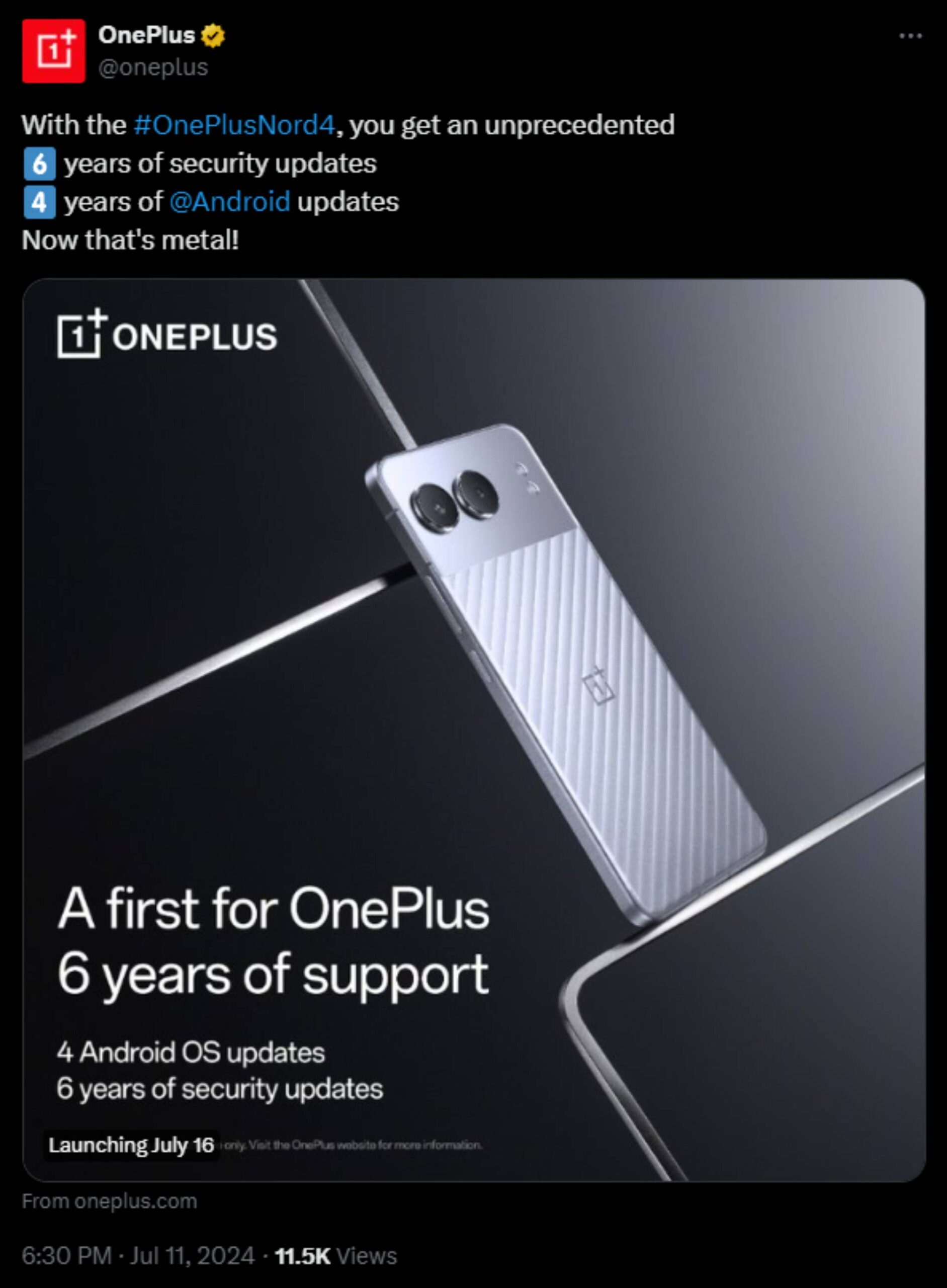 Screenshot of OnePlus' X post about the software support for the Nord 4.