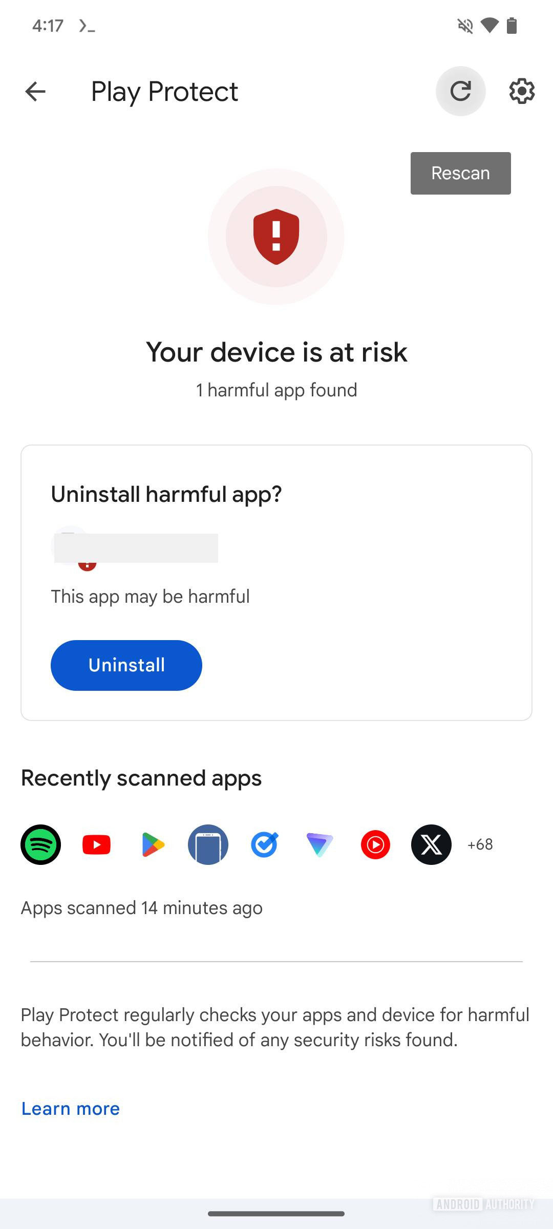 Screenshot of Play Protect new UI with rescan button.