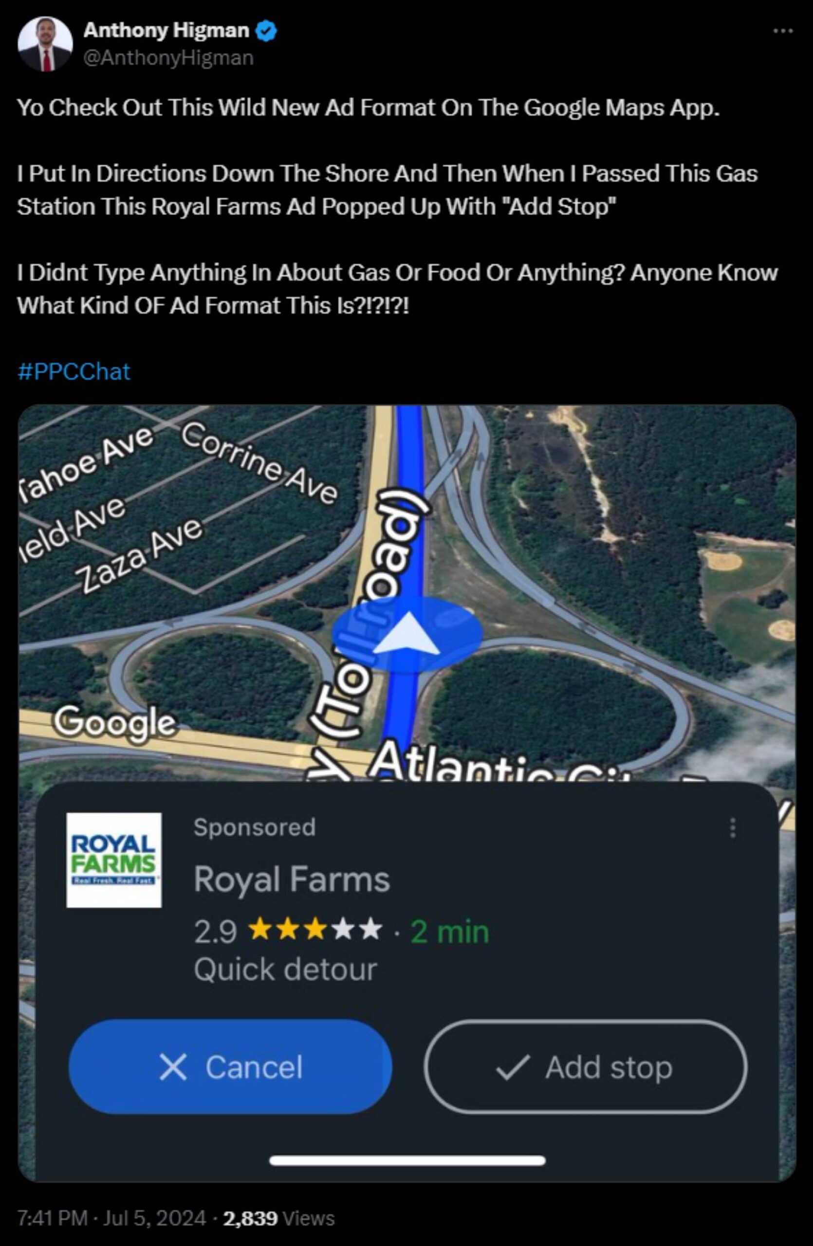 Screenshot of an X post highlighting a new ad format in Google Maps.