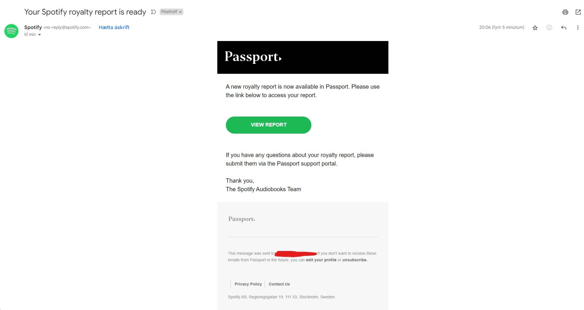 Spotify sends out Royalty Report mails to unsuspecting users