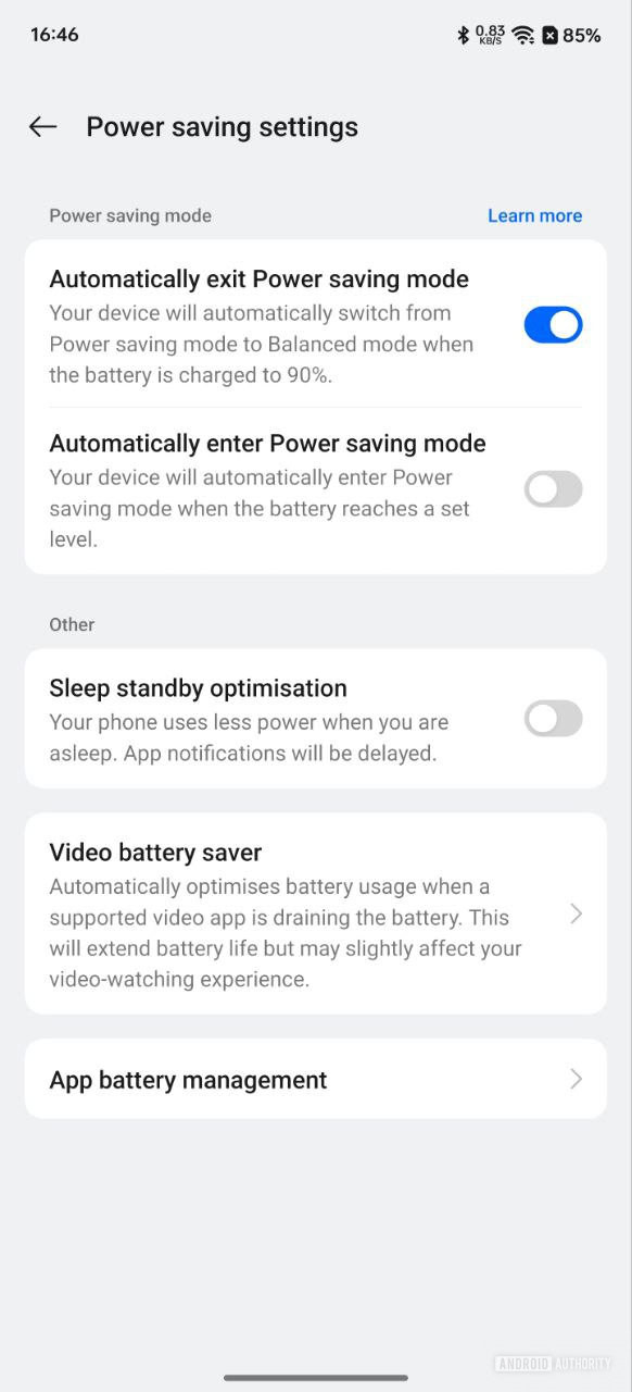 Screenshot of the power saving settings on a OnePlus 12 with the new video battery saving feature.