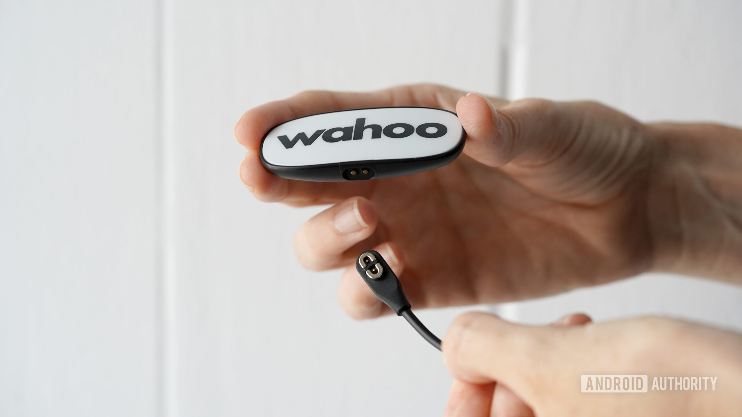 A user holds the pod of a Wahoo Trackr Heart Rate monitor as well as its charger. 