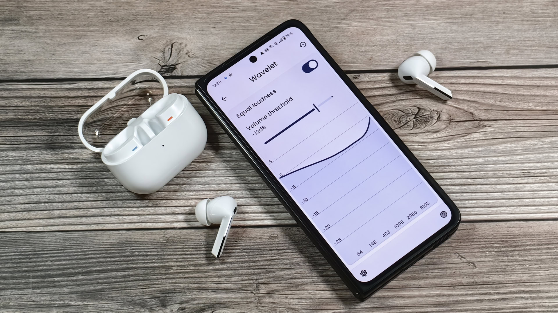 Wavelet on a OnePlus Open next to a pair of Galaxy Buds 3 Pro