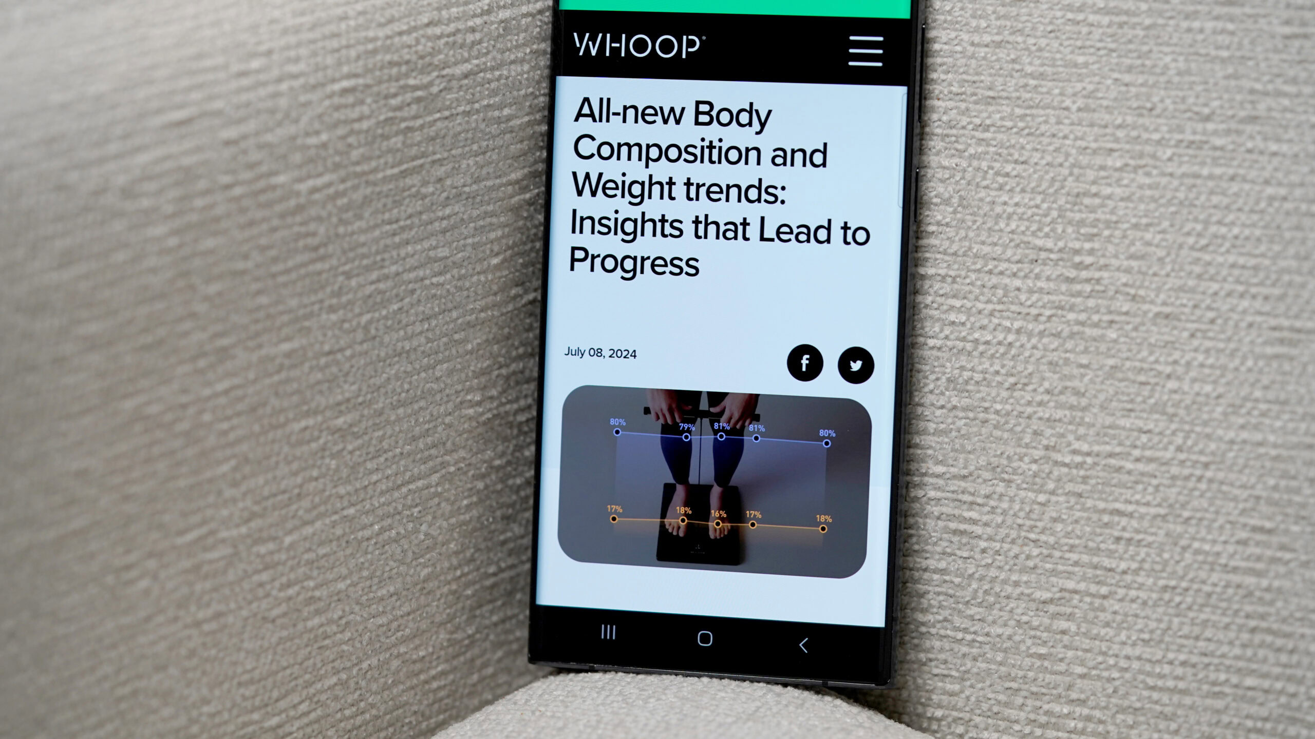A Samsung phone displays information about Whoop's new Body Composition tracking.
