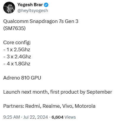 Yogesh Brar Snapdragon 7s Gen 3 leak