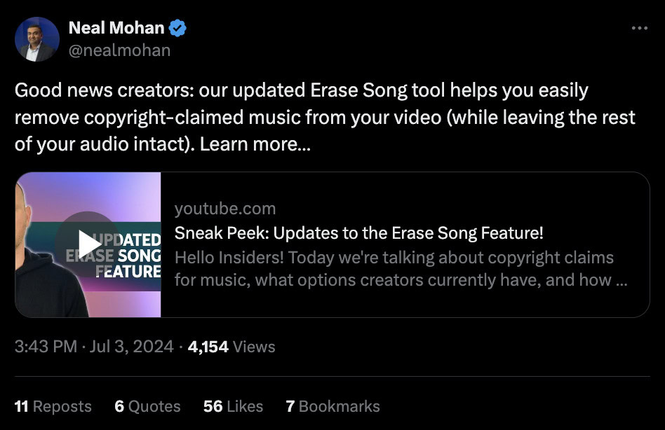 YouTube CEO Neal Mohan posts about the Eraser tool