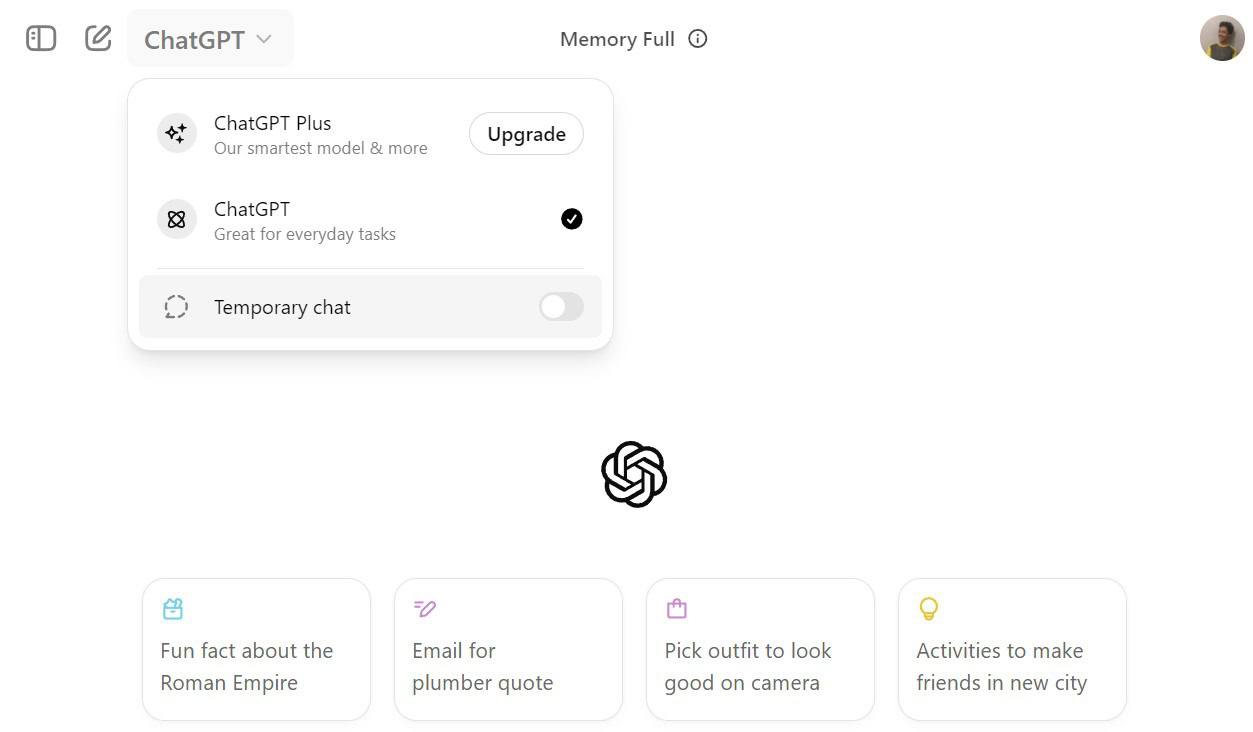 chatgpt temporary chat toggle