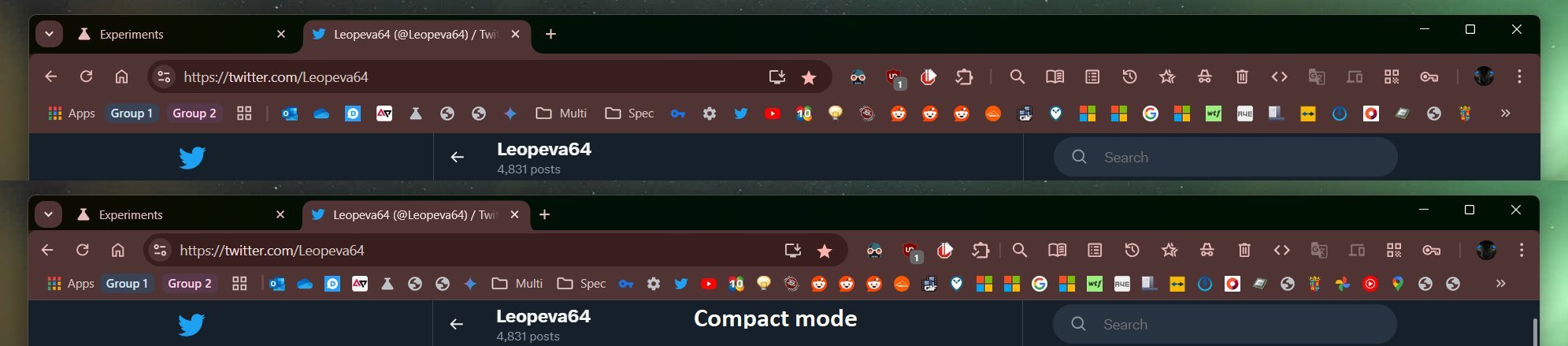 A before and after comparison of Chrome compact mode.