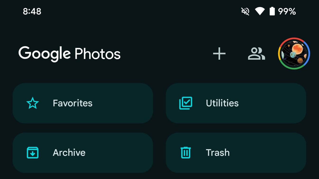 Google Photos for Android showing a Utility button at the top of the Library tab