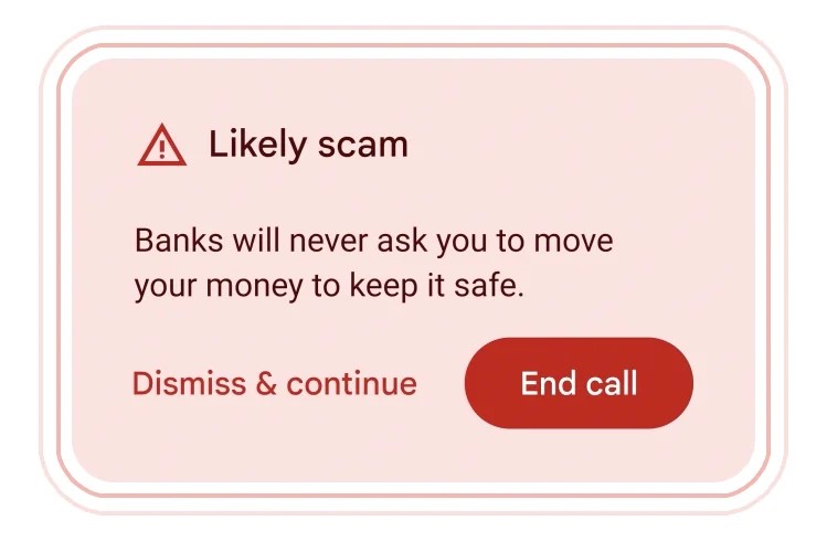 Google Phone scam detection dialog box