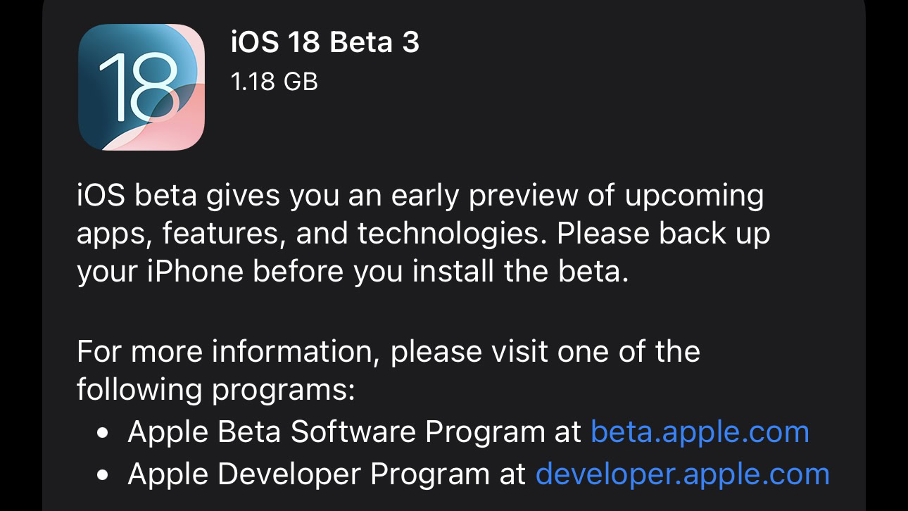 iOS 18 beta 3 update prompt in settings