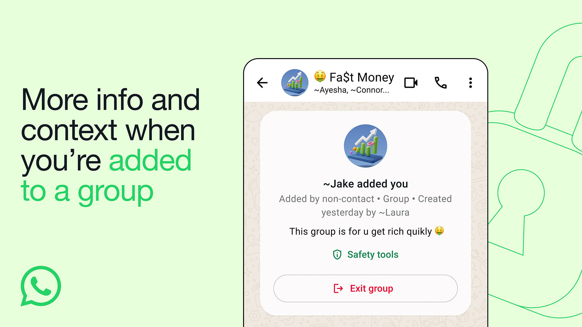 WhatsApp announcing its new group context screen when you're invited to join.