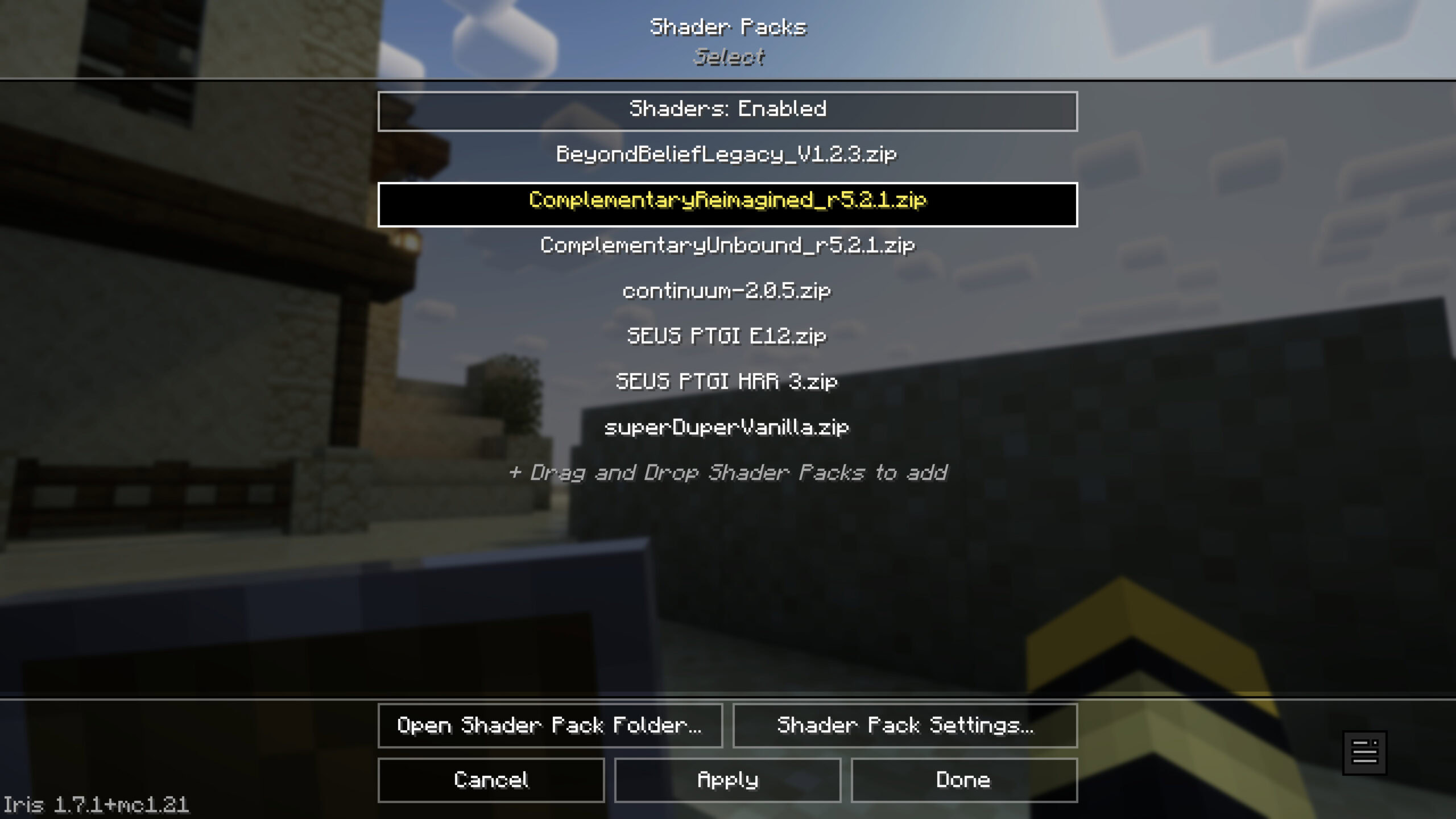 Minecraft shader selection menu