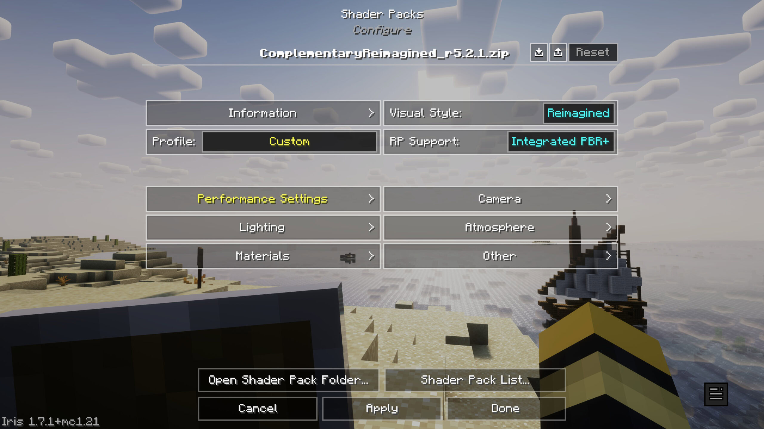 Minecraft shader configuration menu