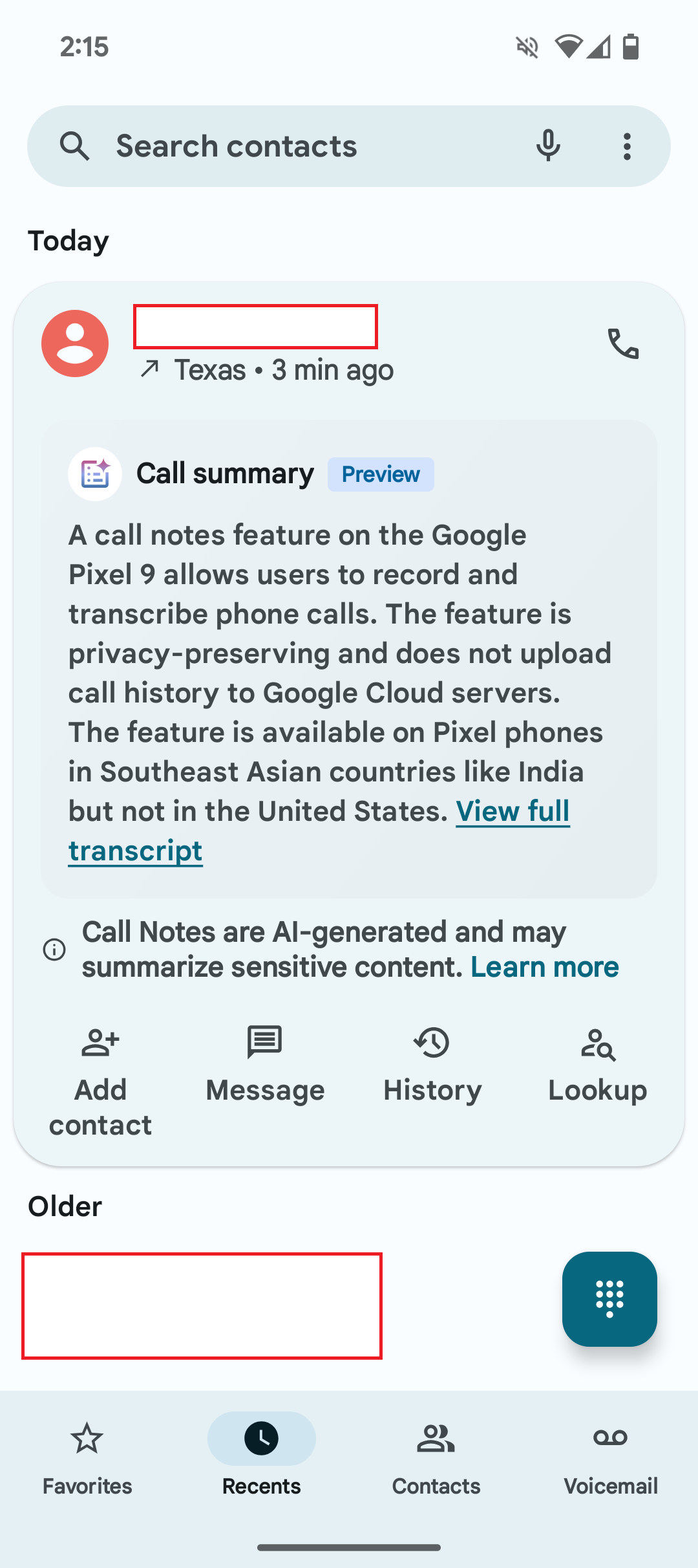 Call Notes summary in dialer