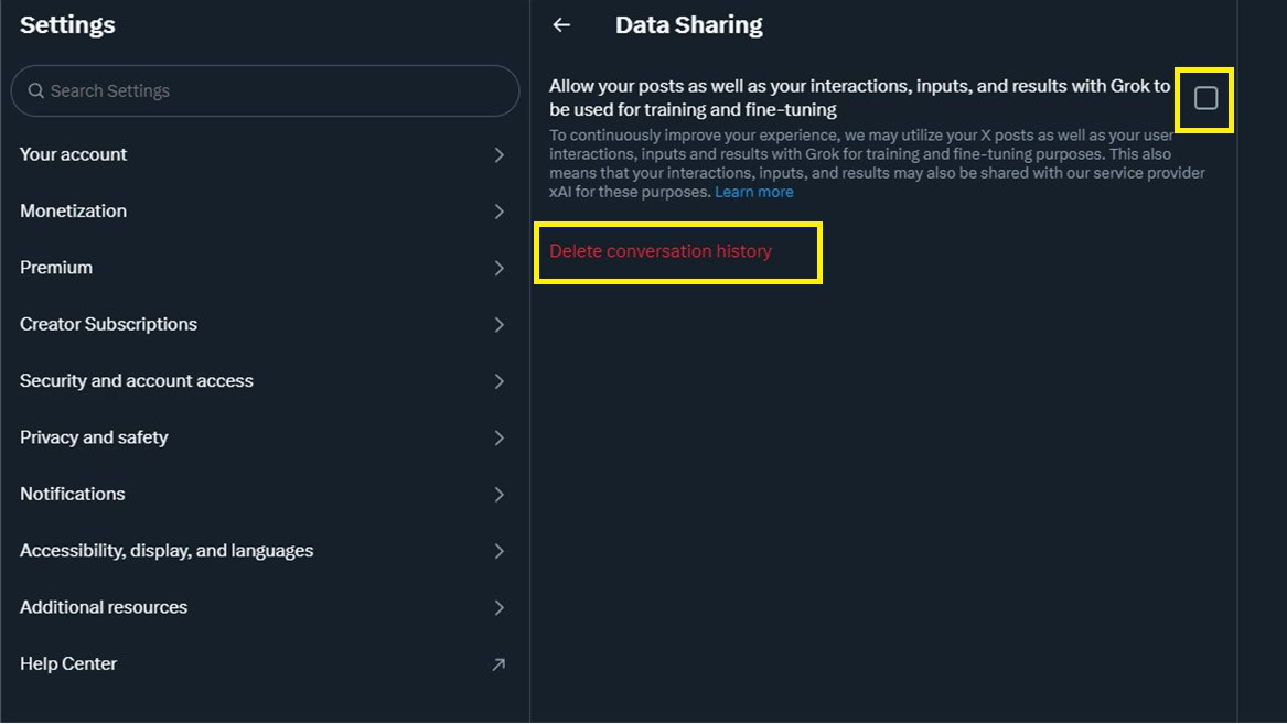 Disable X from using your data to train Grok AI on Desktop 3