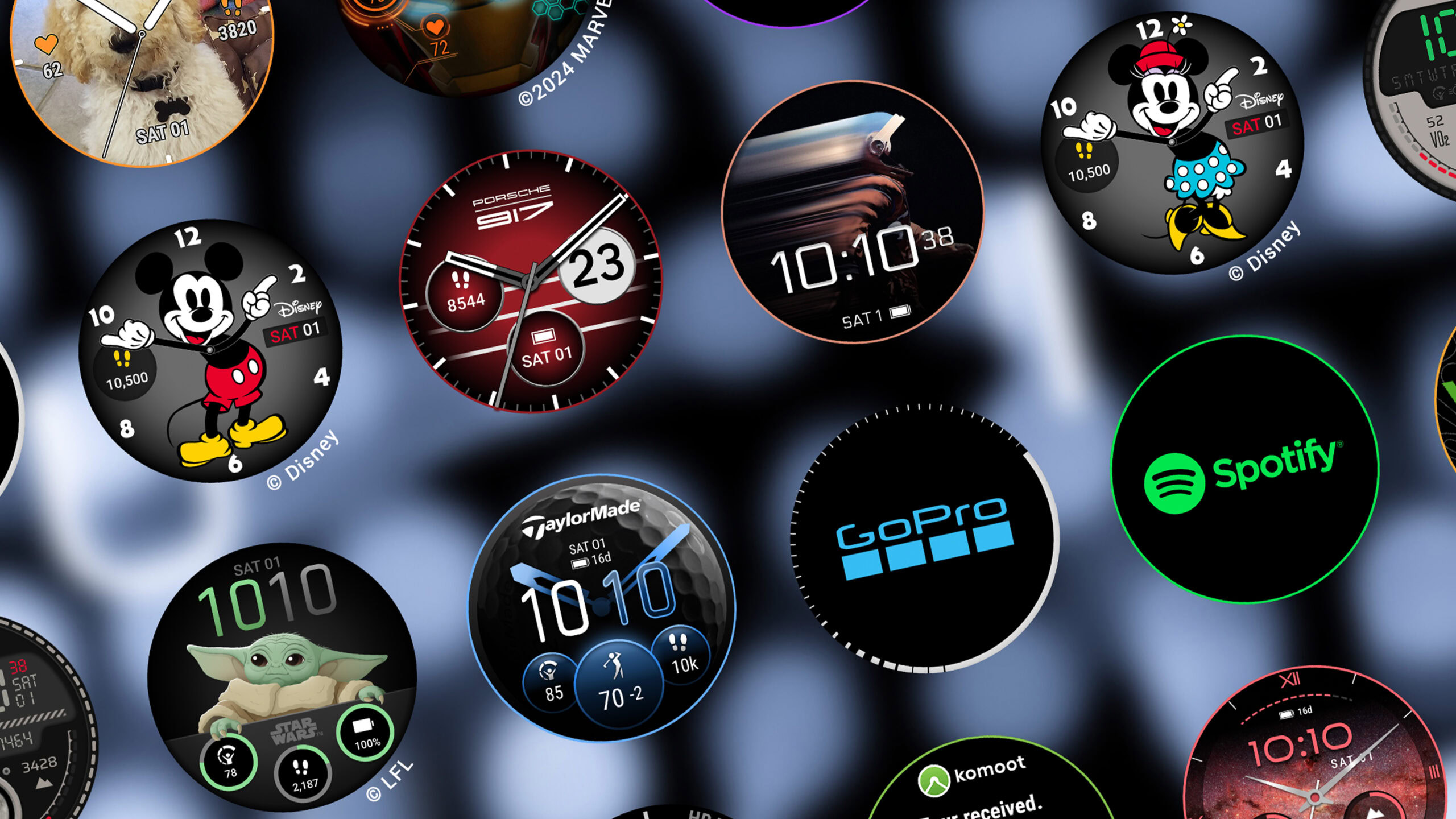 A series of watch face renderings highlight new apps and faces available in the Garmin Connect IQ store.